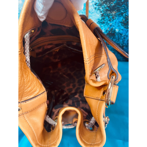B Makowsky Tan Leather Bucket Bag Alligator Trim & Leopard Lining Ex Condition - Picture 8 of 16
